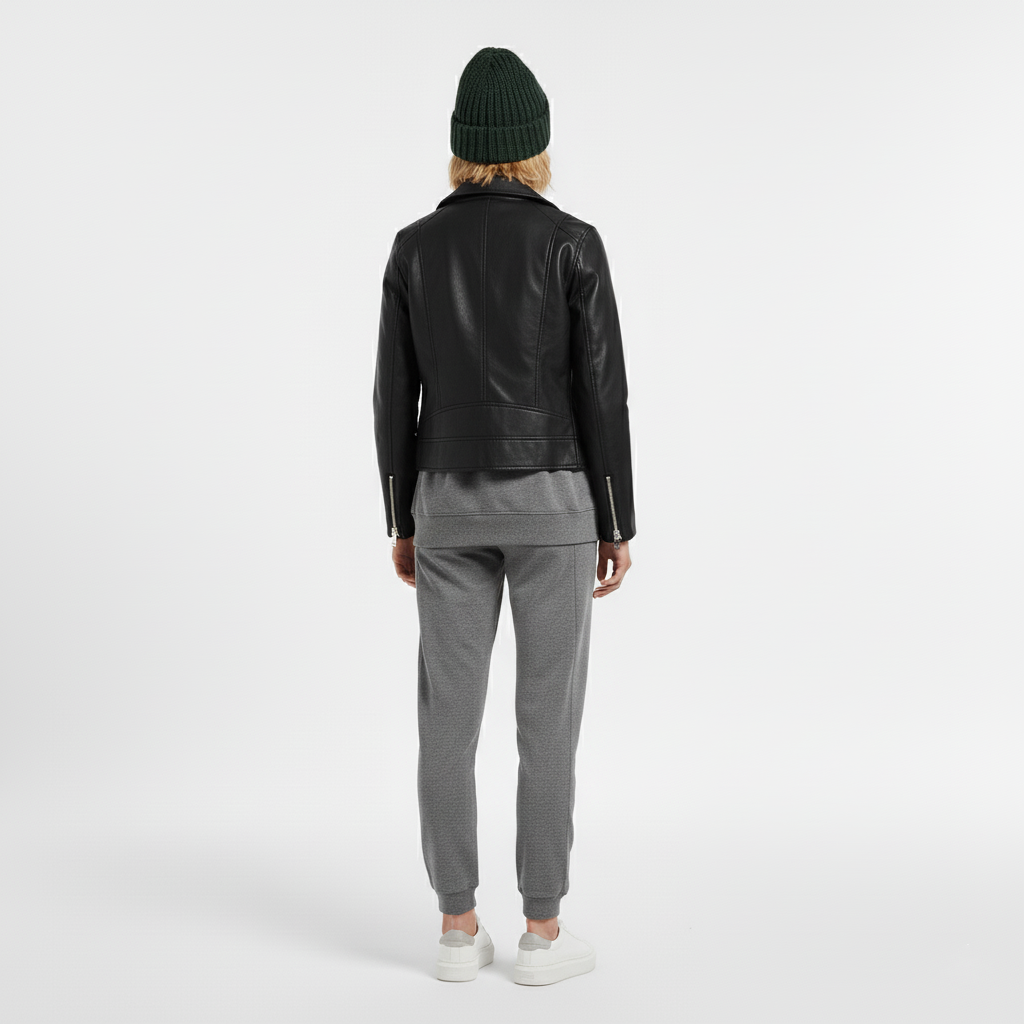 Back view of a woman in a black faux leather biker jacket, grey joggers and a knitted beanie