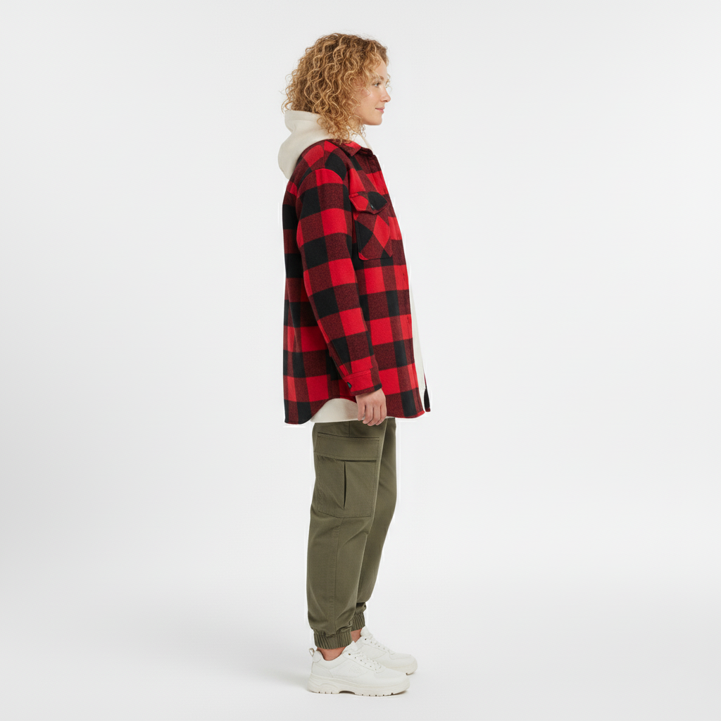Side view of a red and black buffalo check wool overshirt with chest pocket