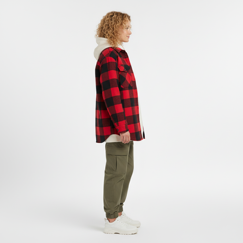 Side view of a red and black buffalo check wool overshirt with chest pocket