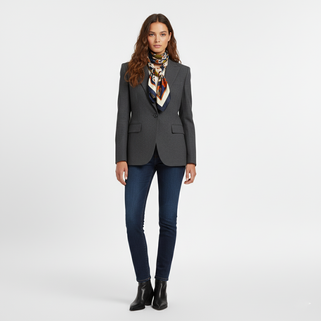 Grey tailored single button blazer worn with a printed scarf and jeans, front view