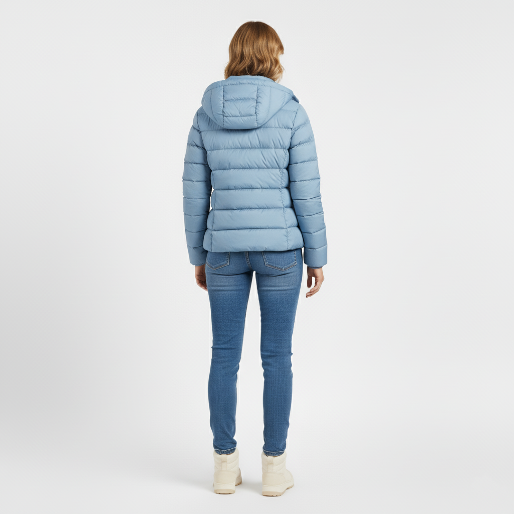 Back view of a light blue quilted hooded puffer jacket