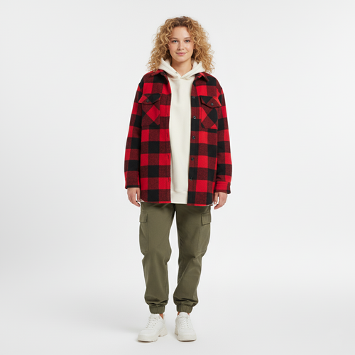 Front view of a red and black buffalo check overshirt with chest pockets