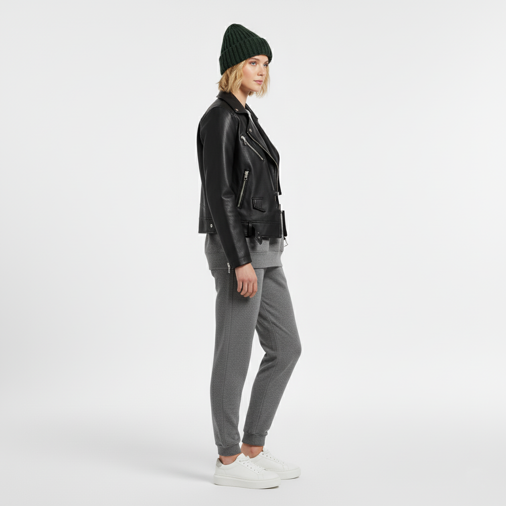Side view of a woman in a black faux leather biker jacket with grey joggers