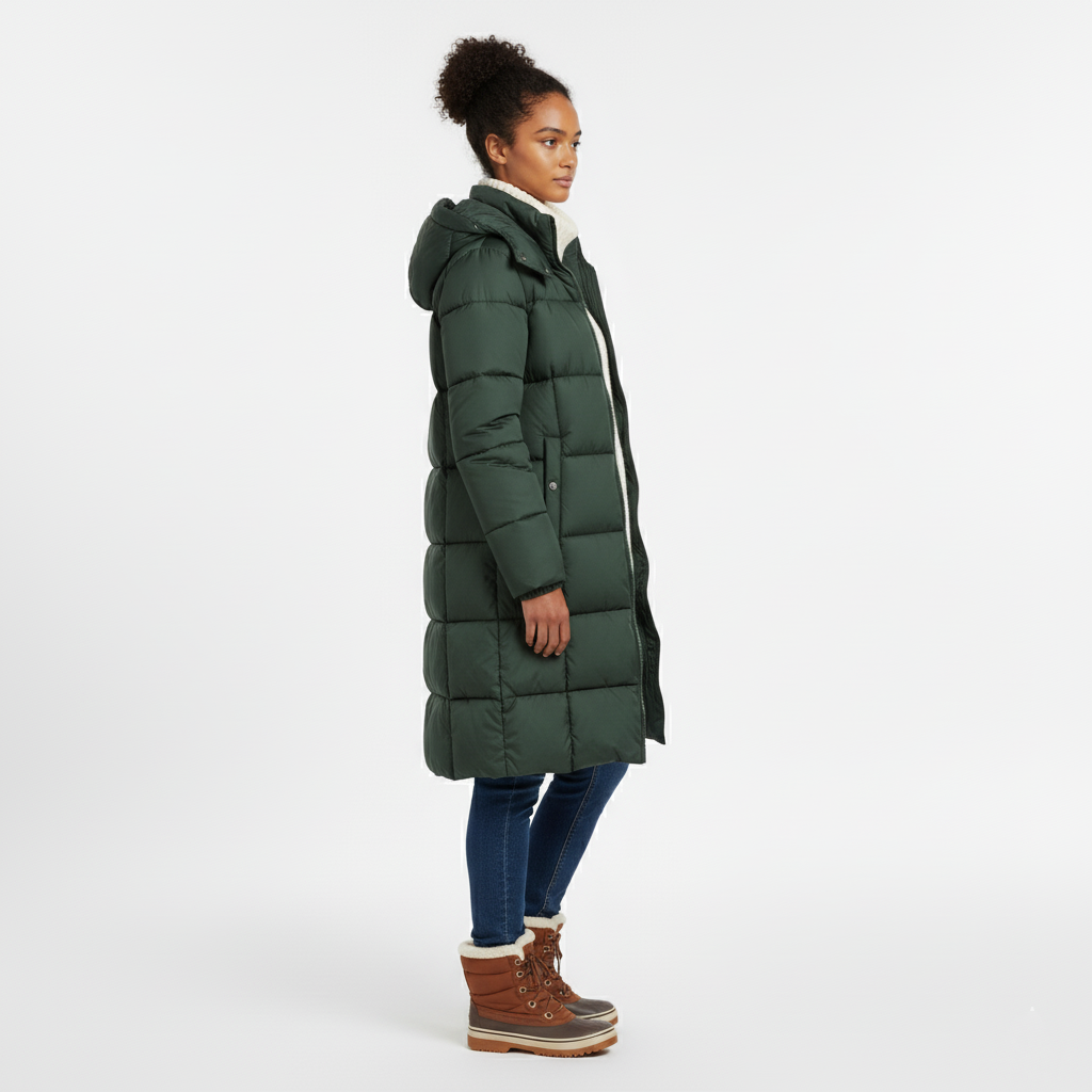 Side view of a long dark green hooded puffer coat with box quilting
