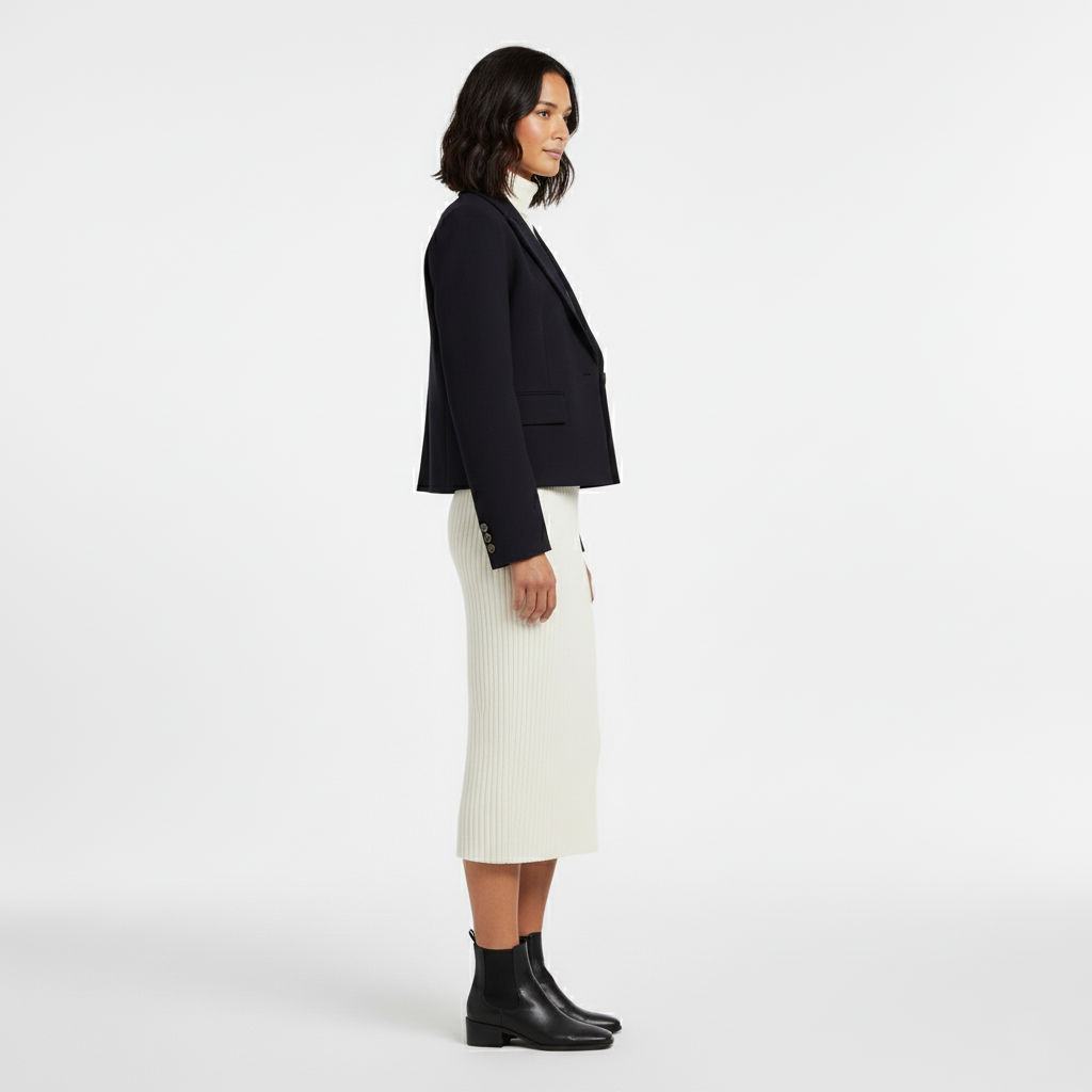Side view of a cropped navy blazer with a welt pocket and long sleeves