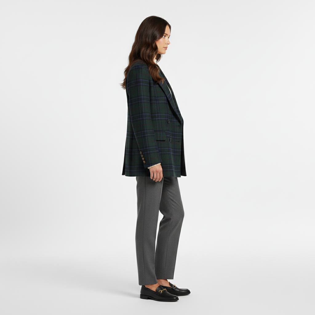 Side view of a green and navy check blazer with notch lapels and buttoned cuffs