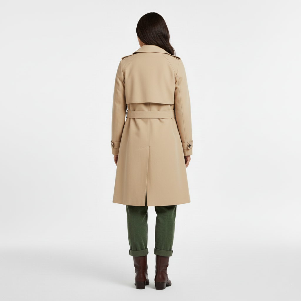 Back view of a beige trench coat with storm flap, waist belt and back vent