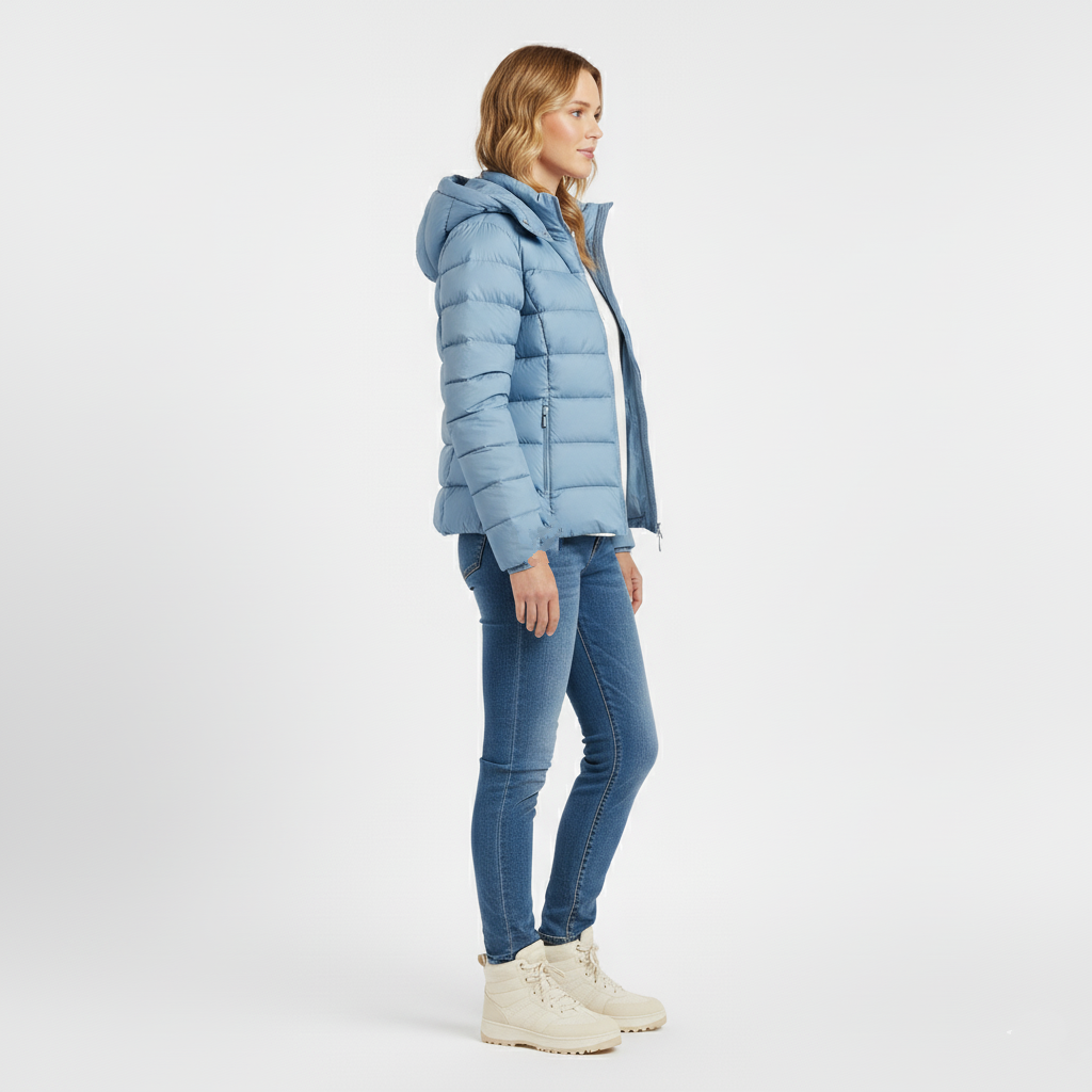 Light blue hooded padded jacket worn open with jeans, side view