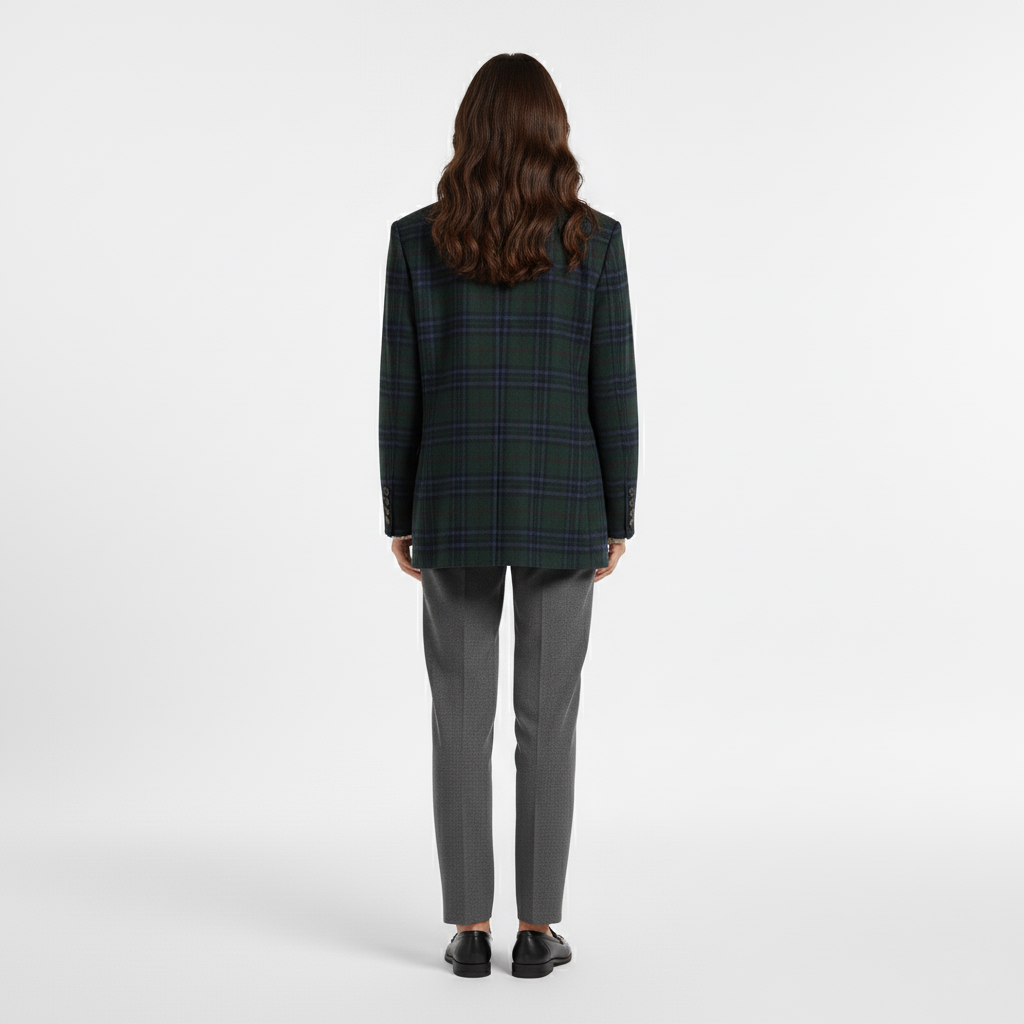 Back view of a green and navy tartan check blazer