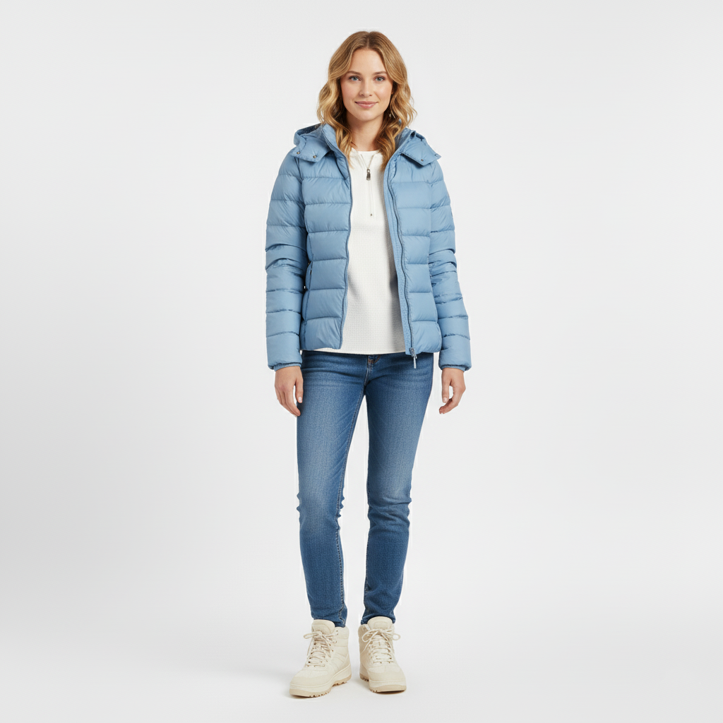 Front view of a light blue quilted hooded puffer jacket worn open
