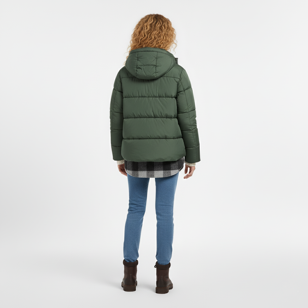 Back view of a green hooded puffer jacket with horizontal quilting