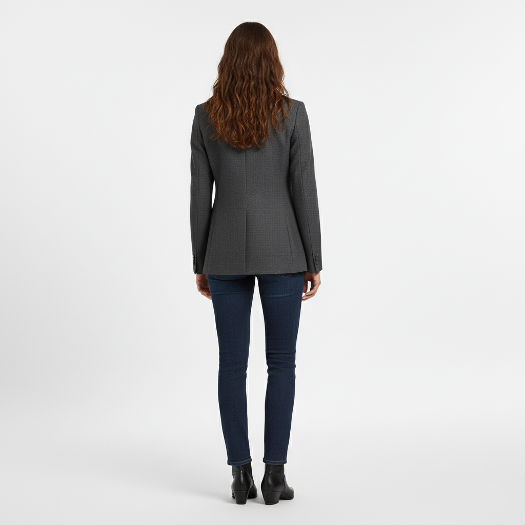 Back view of a fitted dark grey blazer with a centre back seam