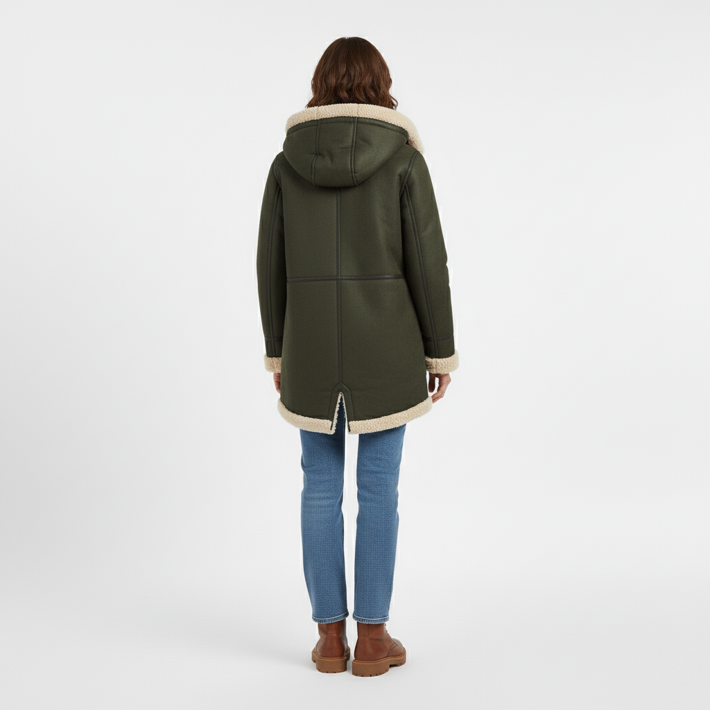 Back view of a woman in an olive green hooded winter coat with cream sherpa trim and blue jeans