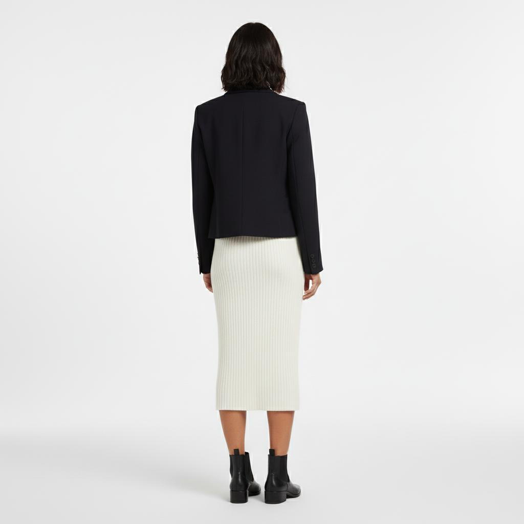Back view of a woman in a short navy blazer with a cream ribbed knit midi skirt