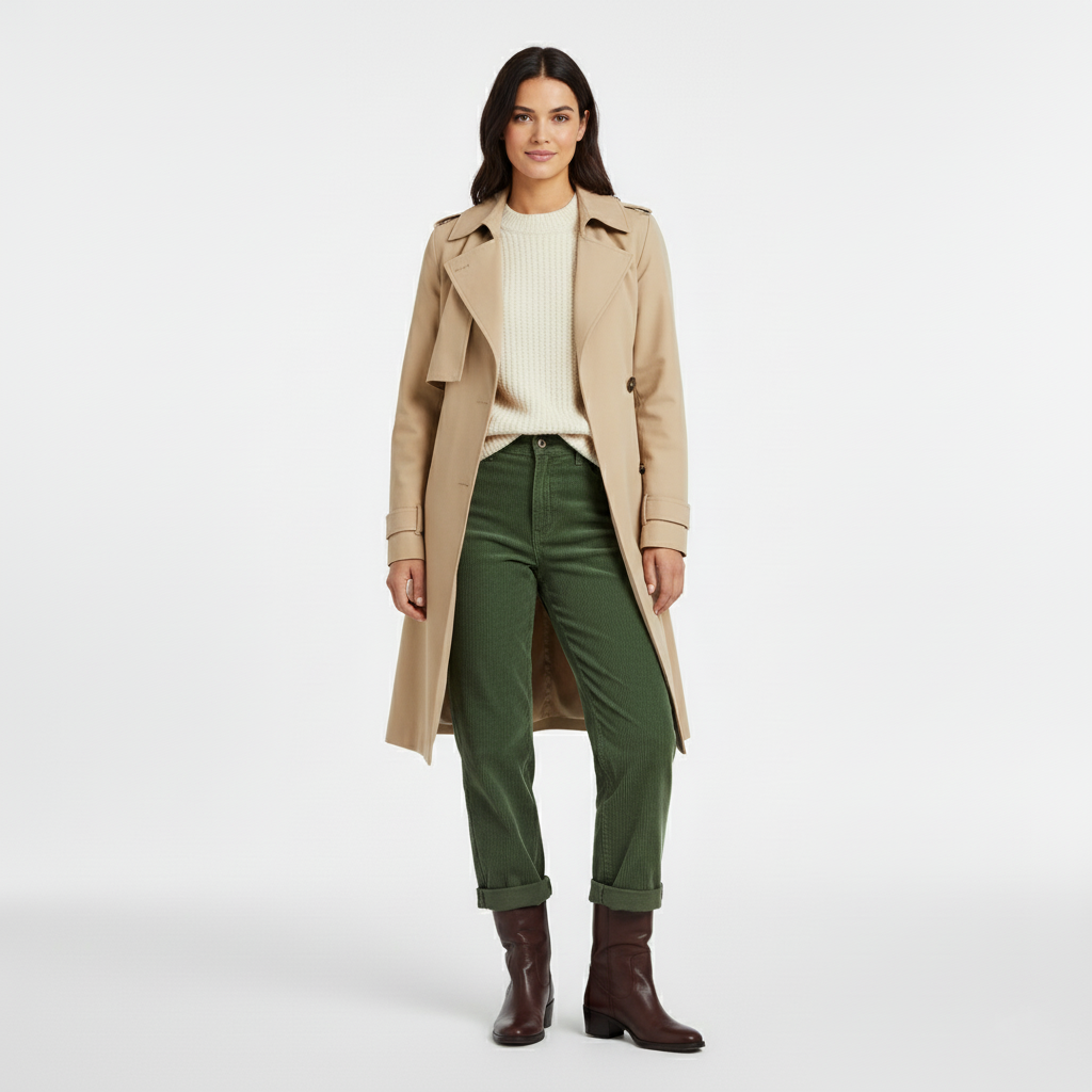 Front view of a long beige trench coat with lapels and belted cuffs