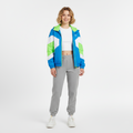 Front view of a blue, green and white colour block hooded sports jacket