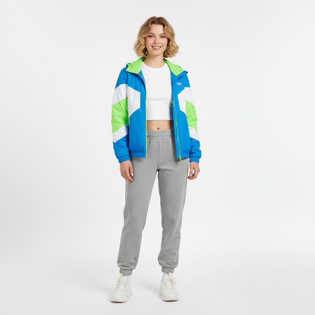 Front view of a blue, green and white colour block hooded sports jacket