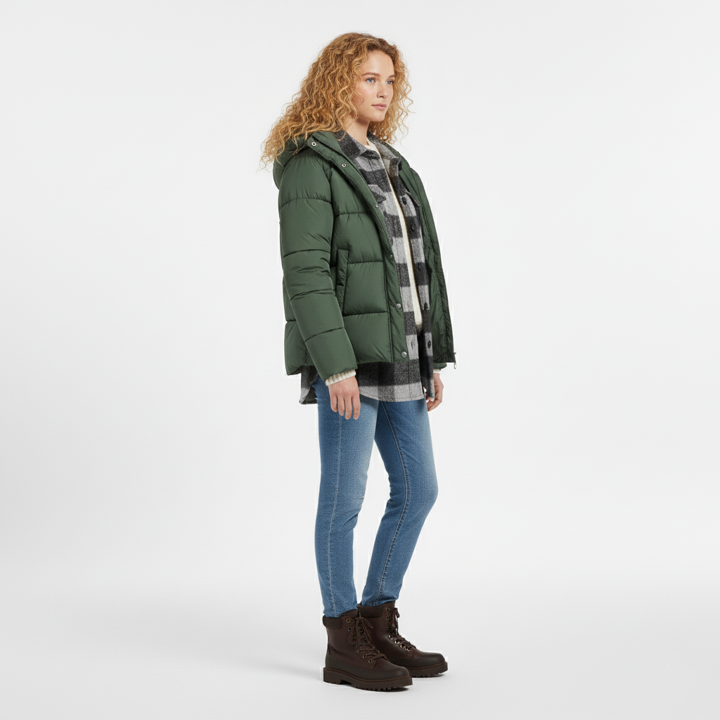 Side view of a green hooded puffer jacket worn open over a check overshirt
