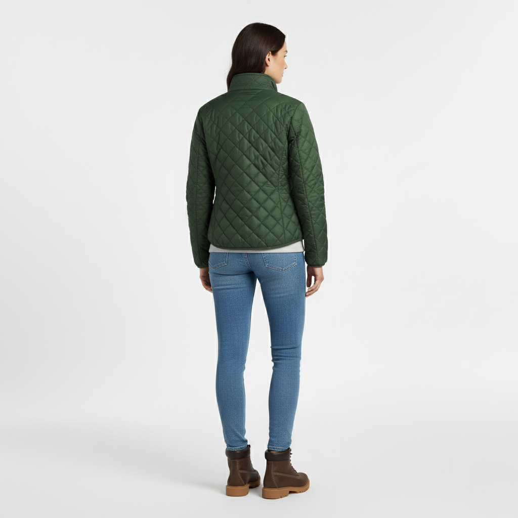 Back view of a green diamond quilted jacket with a stand collar