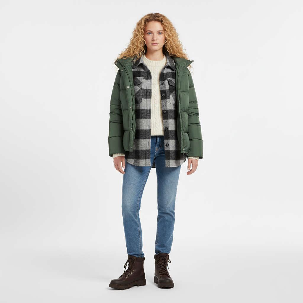 Green hooded padded jacket worn open over a checked overshirt, front view