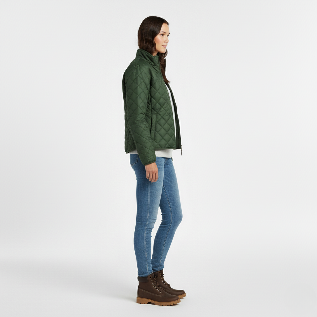 Side view of a woman wearing a green quilted jacket with a stand-up collar