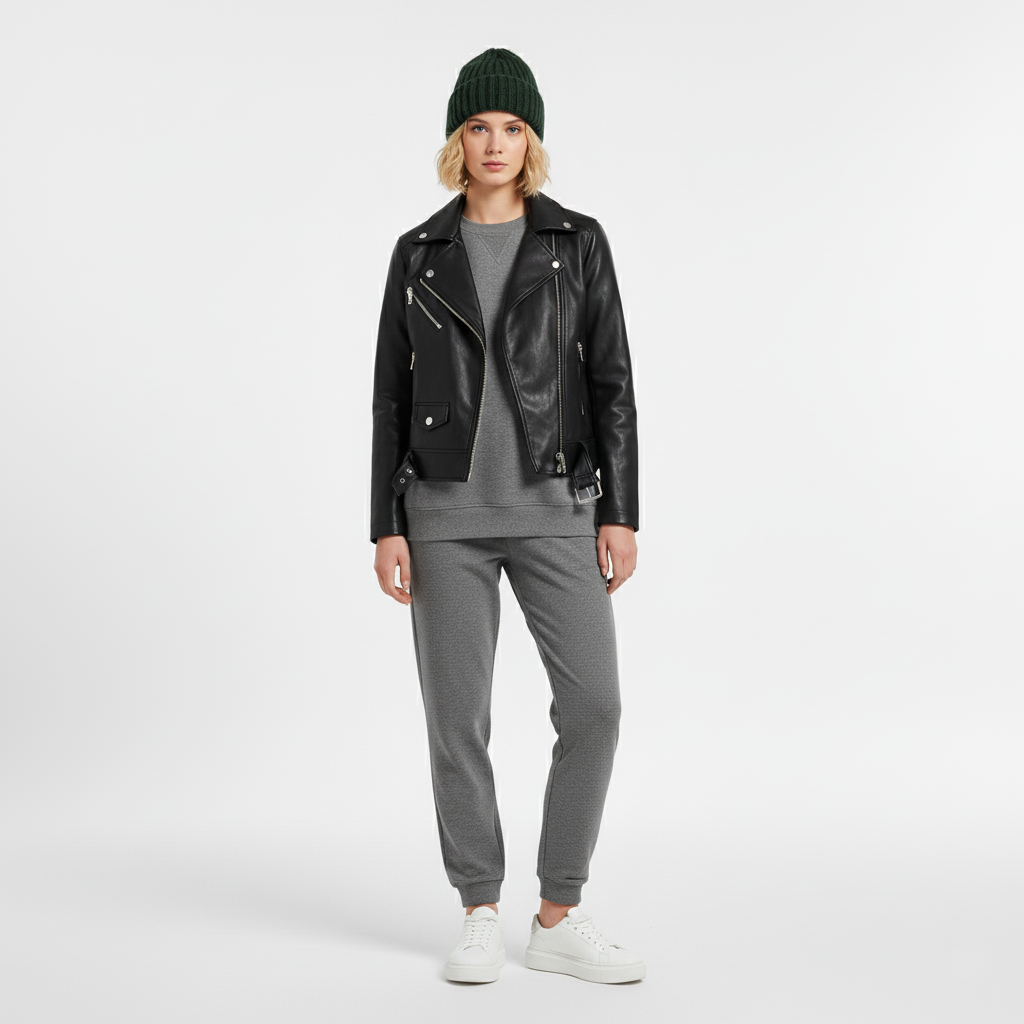 Black faux leather biker jacket worn open over a grey sweatshirt, front view