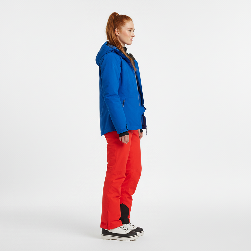 Blue hooded ski jacket with side pocket, side view with red ski trousers