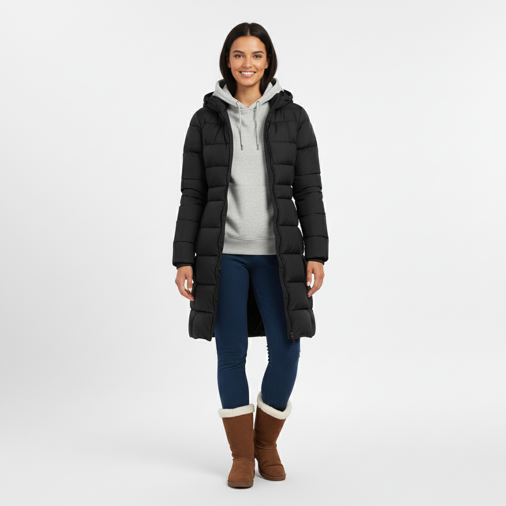 Woman wearing a long black quilted hooded winter coat, worn open over a grey hoodie, front view