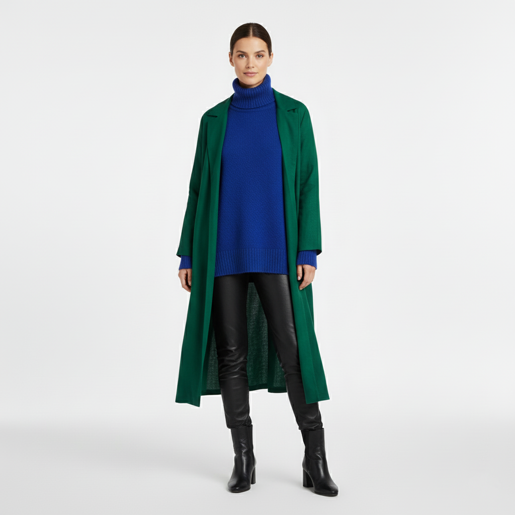 Front view of a long emerald green coat worn open over a blue knit jumper