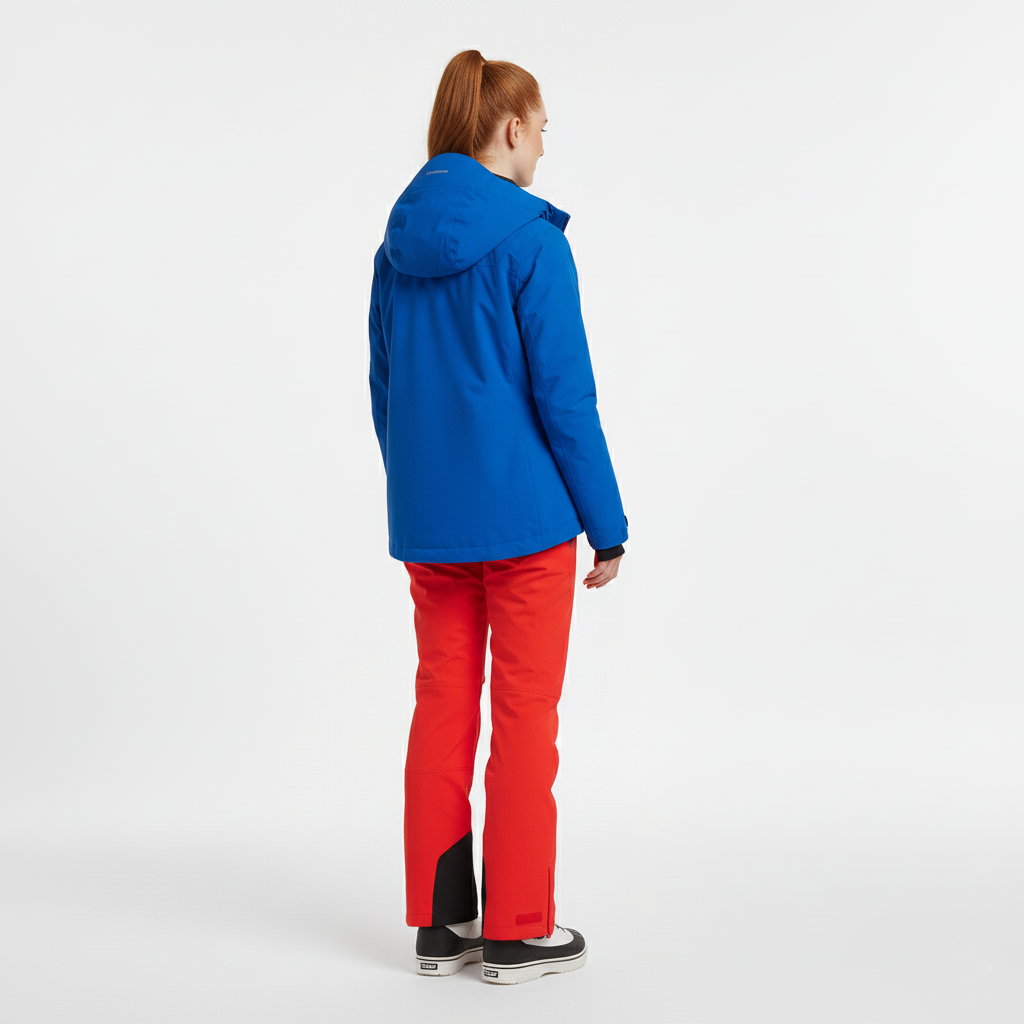 Back view of a woman in a bright blue hooded ski jacket with red ski trousers