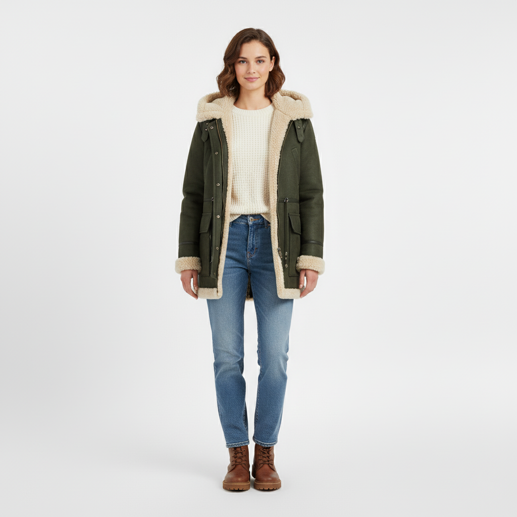 Front view of a green hooded winter coat with cream shearling lining