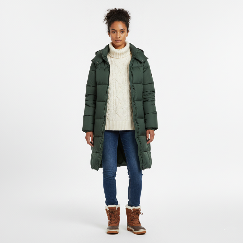 Front view of a long forest green hooded puffer coat worn open