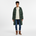 Front view of a long forest green hooded puffer coat worn open