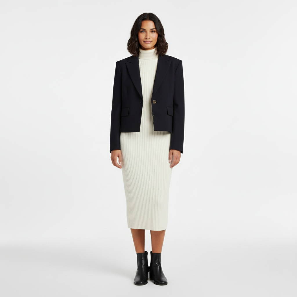 Front view of a cropped navy blazer with notched lapels and one button