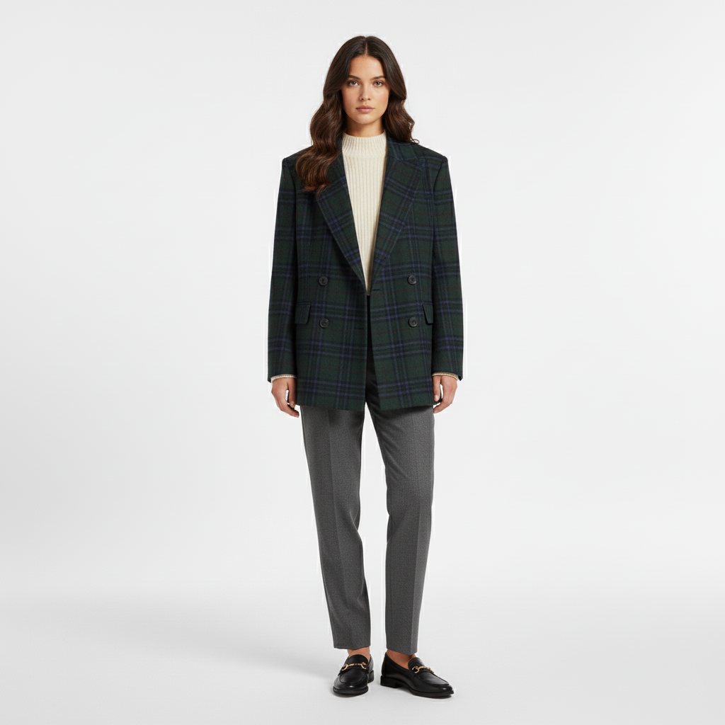 Green checked double breasted blazer worn over a cream knit, front view