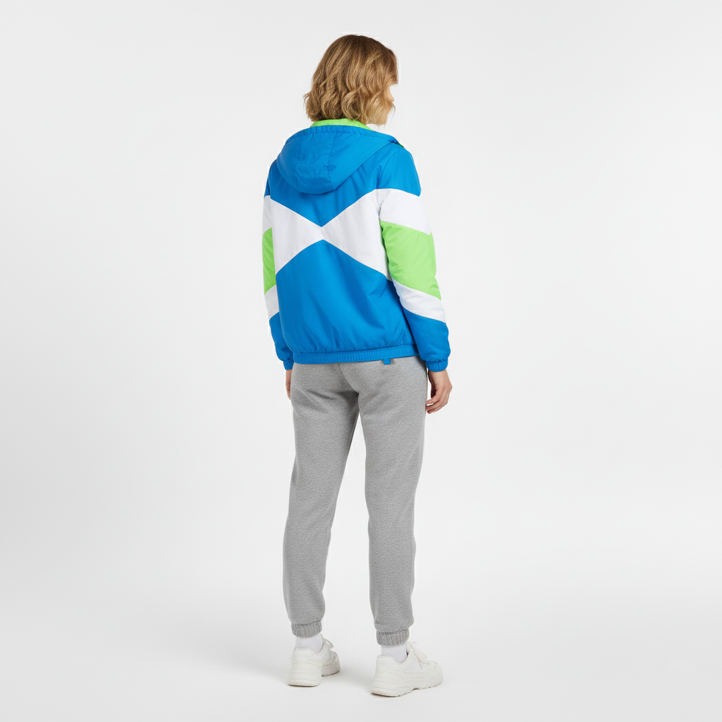 Back view of a blue, green and white colour block retro windbreaker with hood