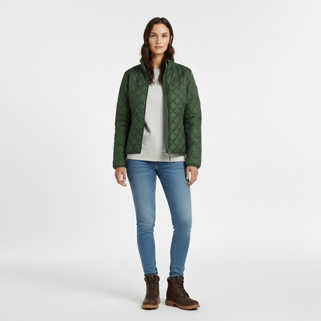 Front view of a green diamond quilted jacket worn open with a stand collar