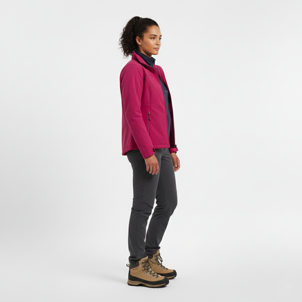 Side view of a pink softshell jacket with zip pockets and a stand collar