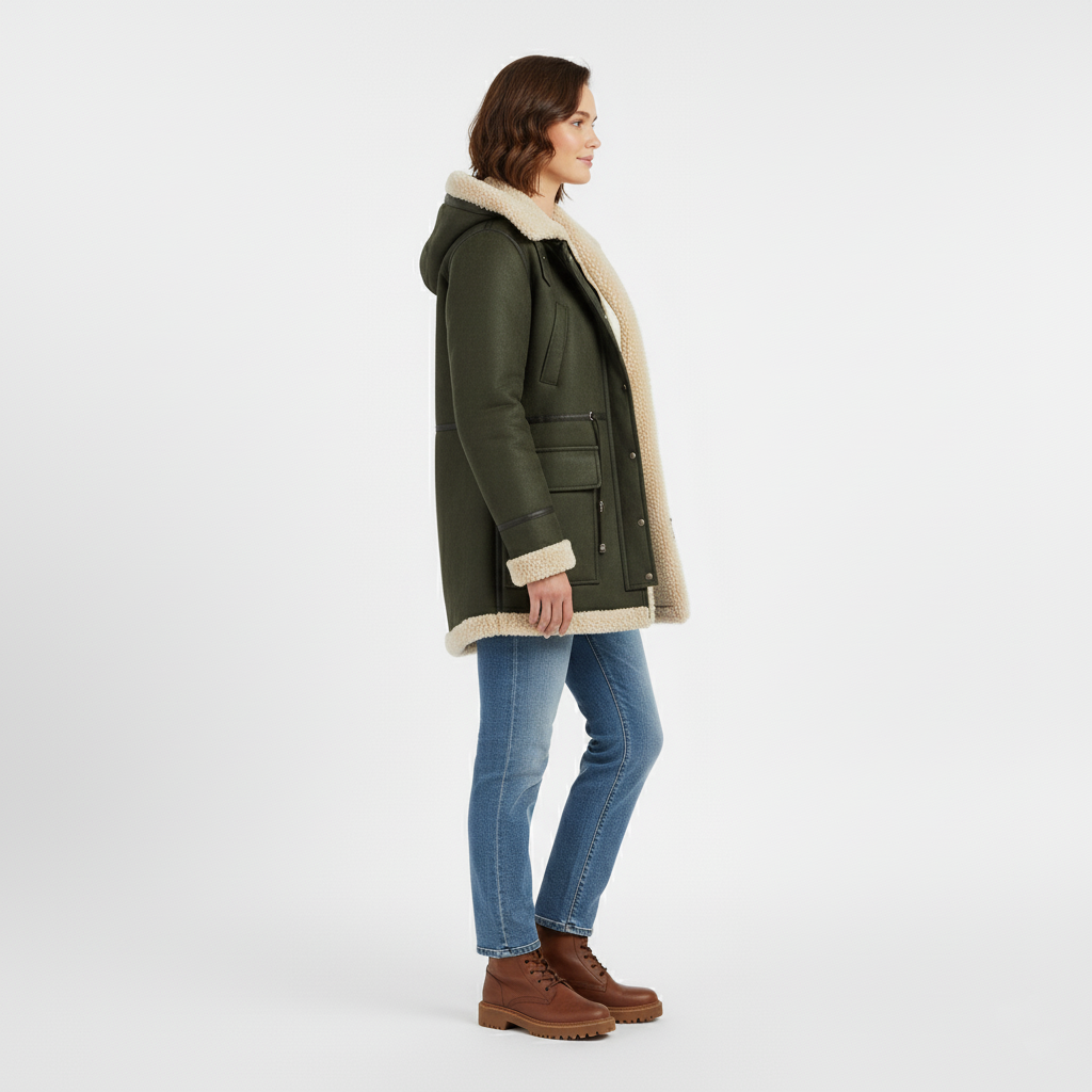 Side view of a green hooded winter coat with cream shearling lining and trim