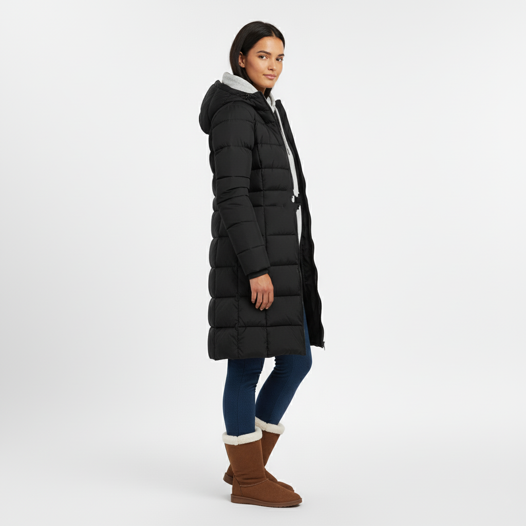 Long black hooded padded coat worn open with a grey hoodie, side view