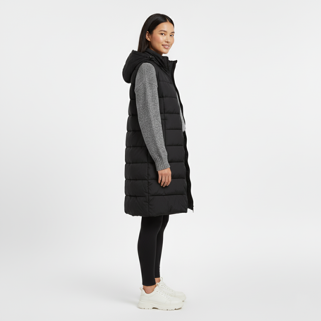 Long black quilted hooded gilet worn open over a grey knit, side view