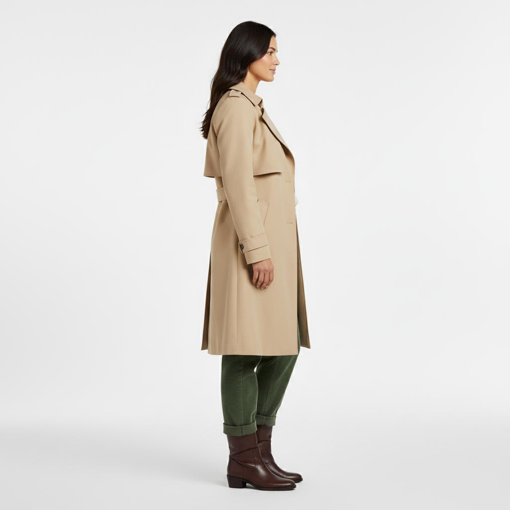 Side view of a long beige trench coat with open front and belted cuffs