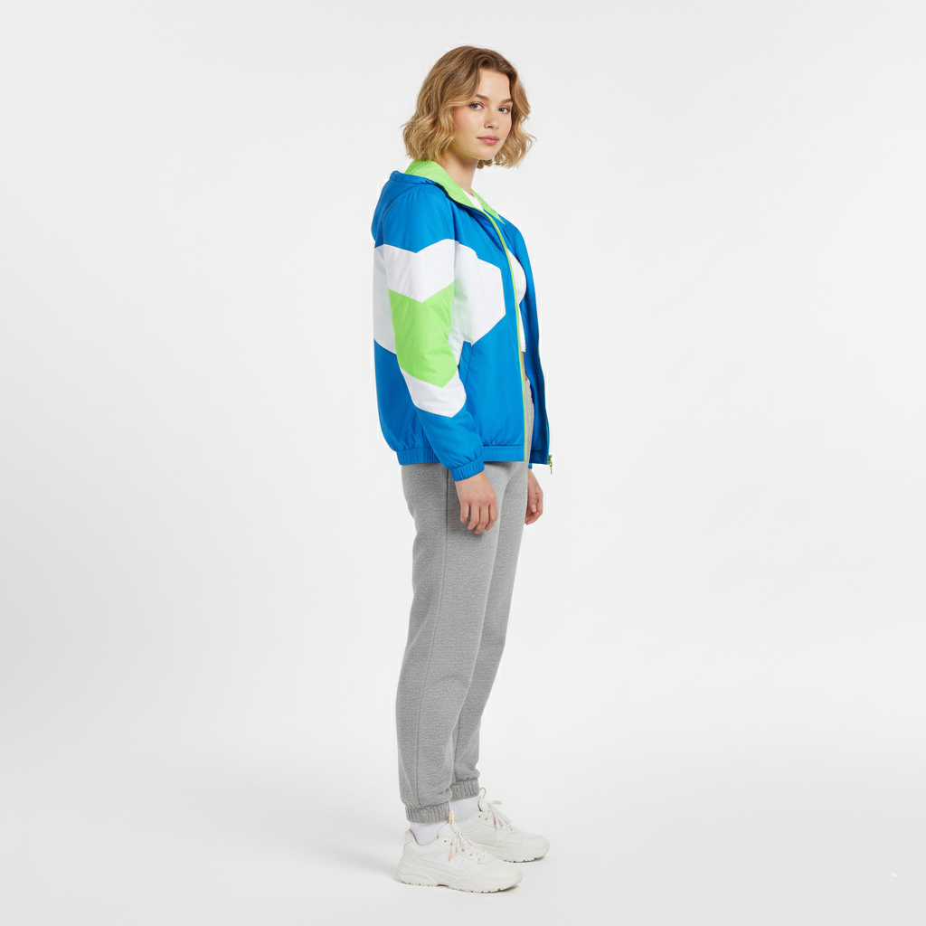 Side view of a blue, green and white colour block hooded windbreaker