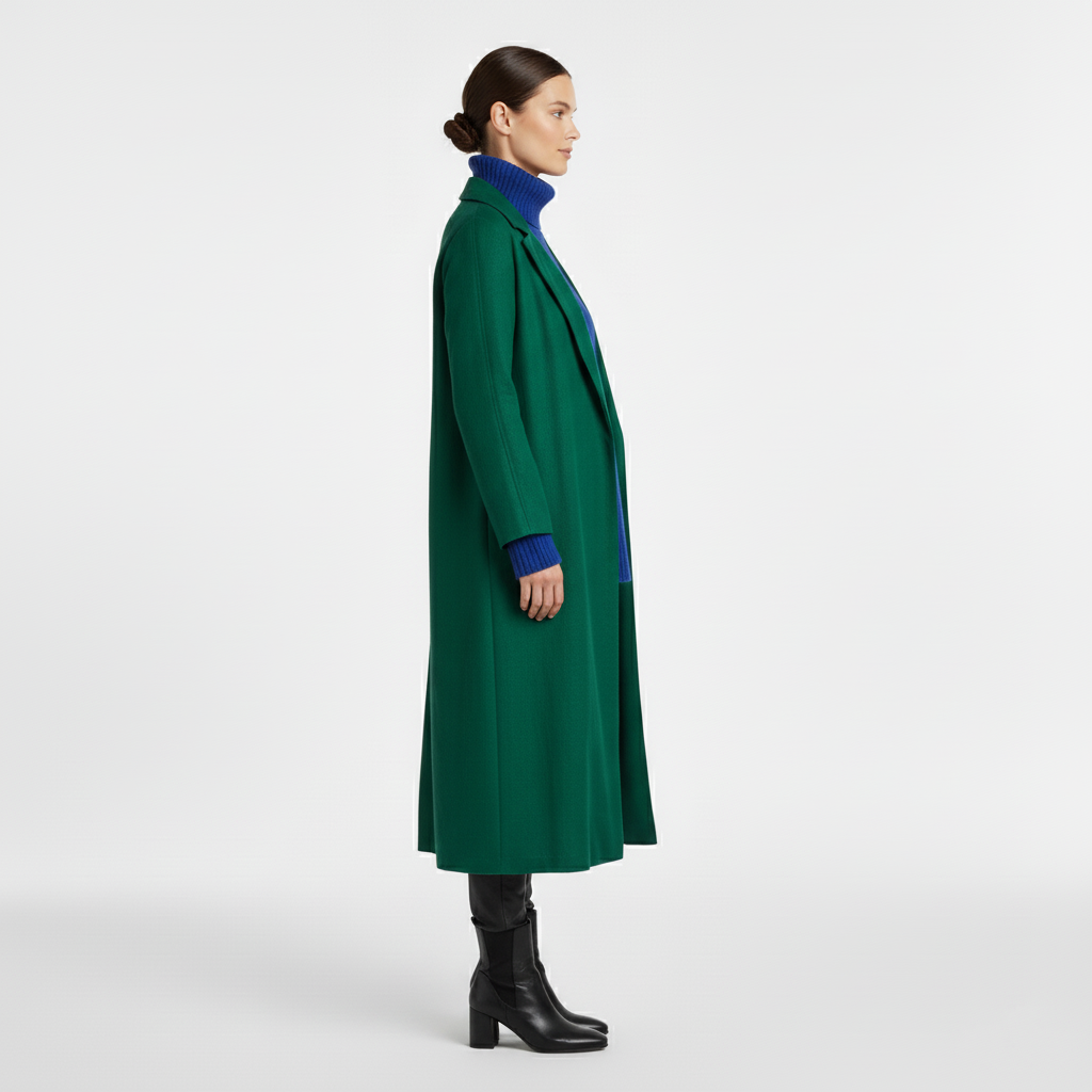 Long emerald green coat worn open over a blue roll neck jumper, side view