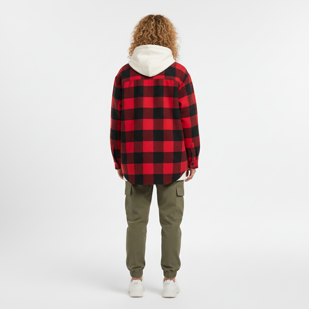 Back view of a red and black buffalo check shirt jacket worn with a cream hoodie
