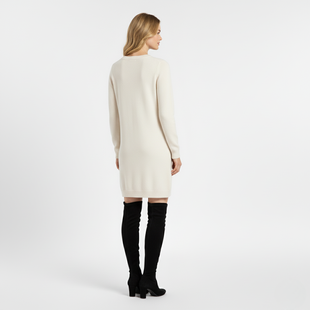 Back view of a woman in a cream knitted long sleeve dress with black over the knee boots