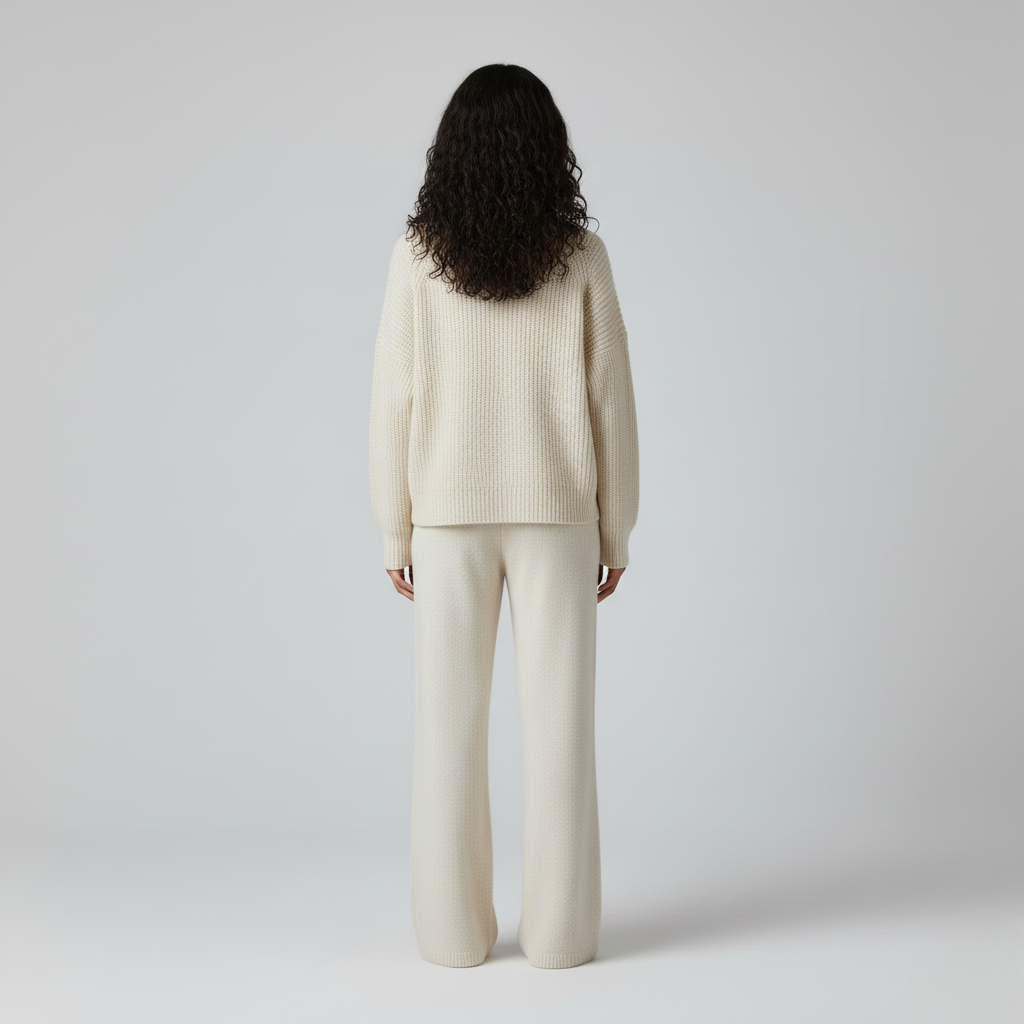 Cream knitted jumper and matching wide knit trousers seen from the back