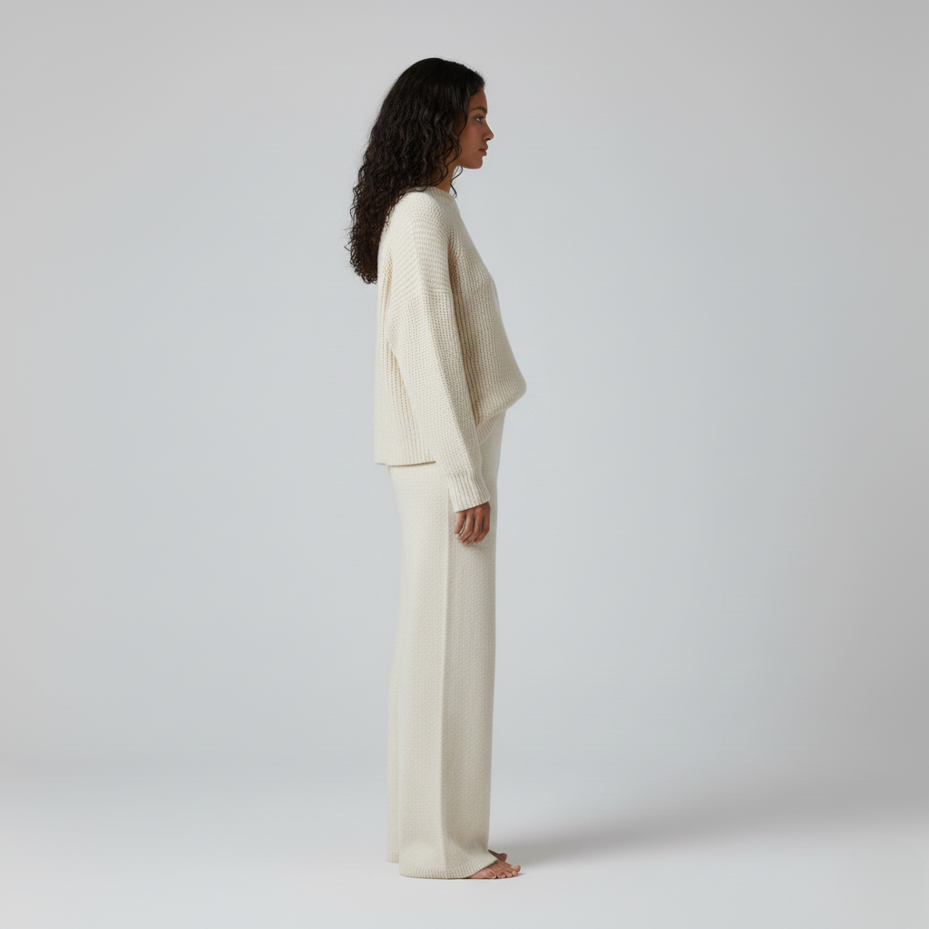 Side view of a cream knitted lounge set with jumper and wide leg trousers