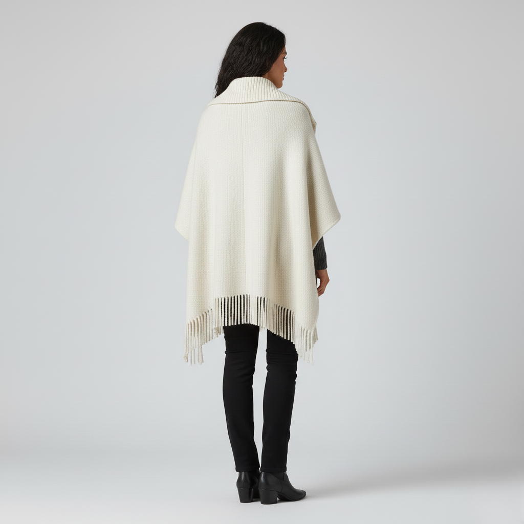 Back view of a cream knitted poncho with collar and fringed hem