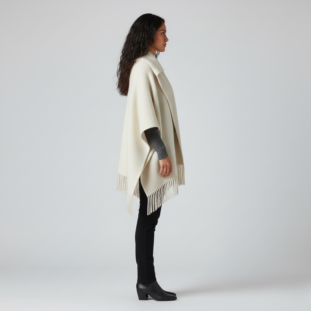 Side view of a cream knitted poncho with a wide collar and fringed hem
